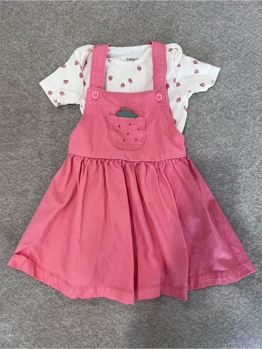 Baby Carter's Coral Pink Strawberry Pinafore with White Strawberry Tee